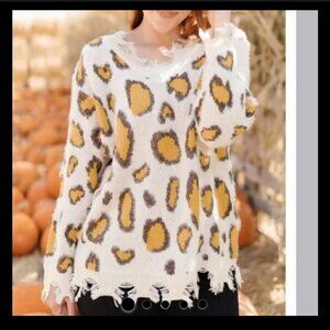 Davi & Dani Yellow Leopard Distressed Fringe Ripped Sweater